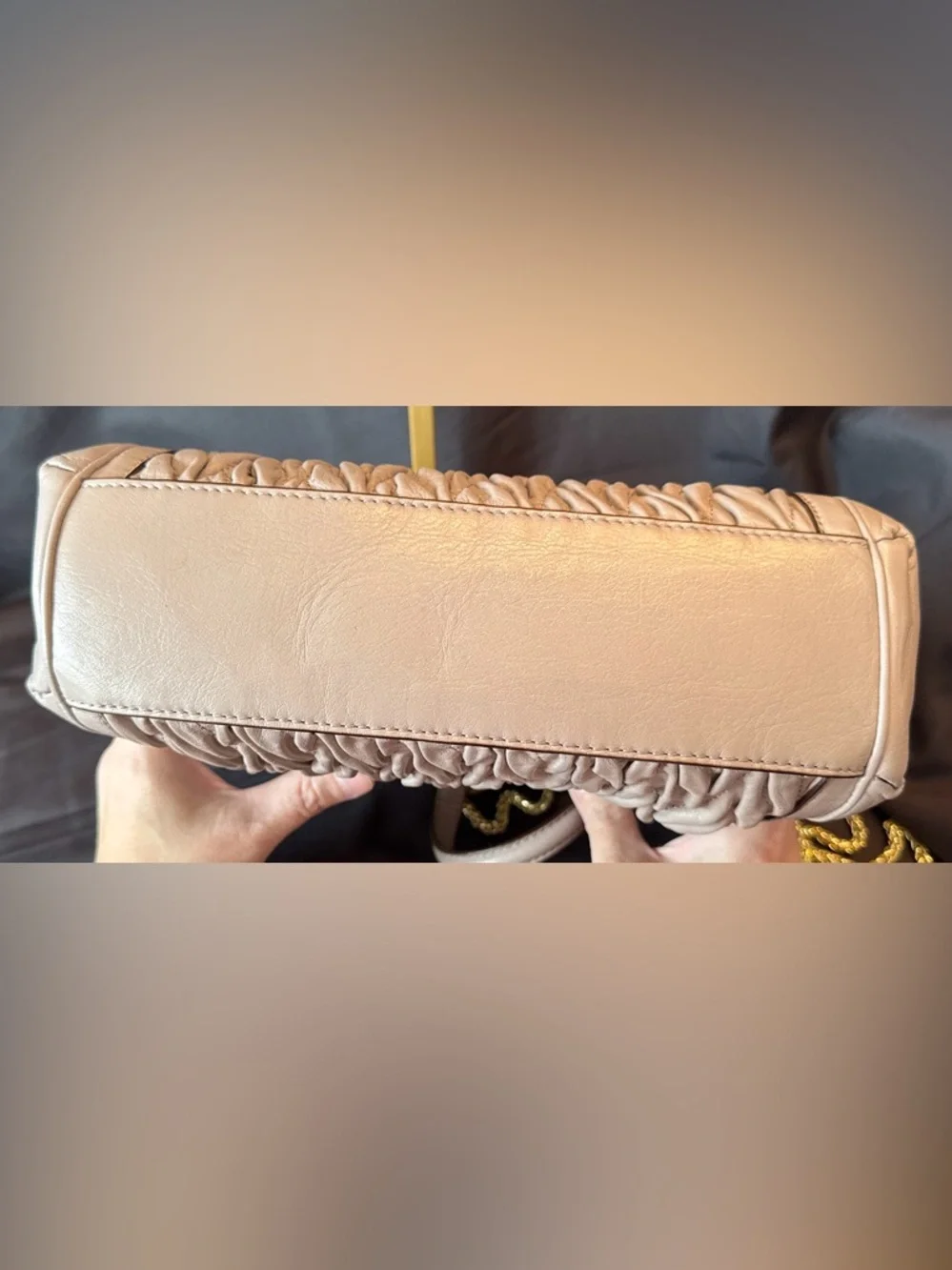 COACH Madison Madeline Taupe Ruched Leather Crossbody Bag with Gold Color Chain - Picture 8 of 12